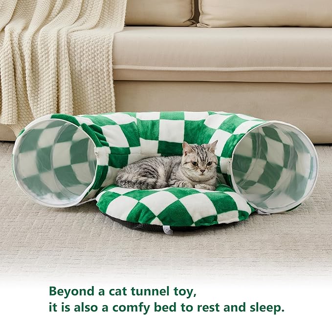 Cat Tunnel for Indoor Cats, Cute Peekaboo Cat Cave with Dangling Balls, Checkered Pet Donut Tunnel Bed with Circle Mat for Puppy Kitten Rabbit, Green/White-Mewly Pet