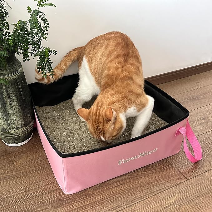 Pink Portable Cat Litter Box, Firm Waterproof Foldable for Travelling for Cats, Including Crinkle Ball, Poop Bags, Foldable Bowl and Scoop, 15.8x15.8x5.9 inches-Mewly Pet