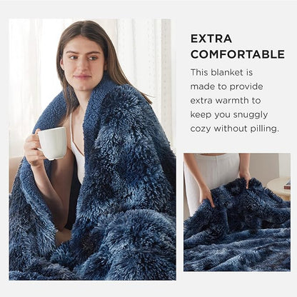 Bedsure GentleSoft Fluffy Tie Dye Navy Blue Blankets Queen Size for Bed, Thick Sherpa Faux Fur Fleece Fuzzy Plush Winter Warm Soft Queen Blankets, Bedroom Decor Blue Cozy Gifts for Women Men, 90x90