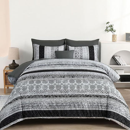 Boho King Size Comforter Set 8 Pieces,Gray Bohemian Striped Bed in a Bag,Floral Soft Microfiber Bedding Comforter Set