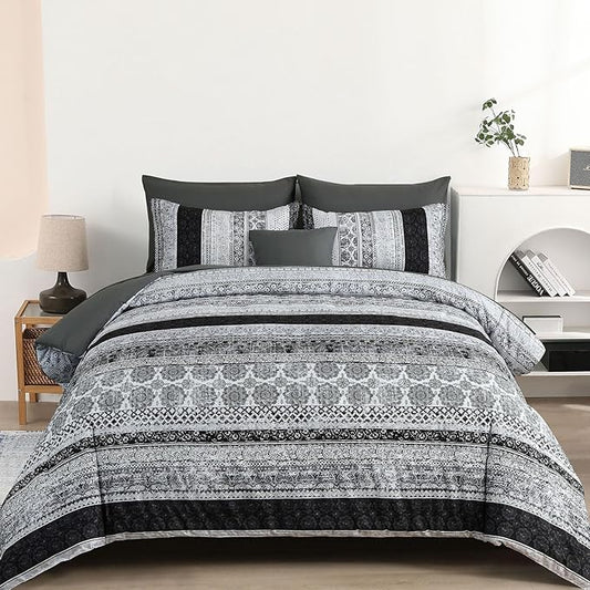 Boho King Size Comforter Set 8 Pieces,Gray Bohemian Striped Bed in a Bag,Floral Soft Microfiber Bedding Comforter Set