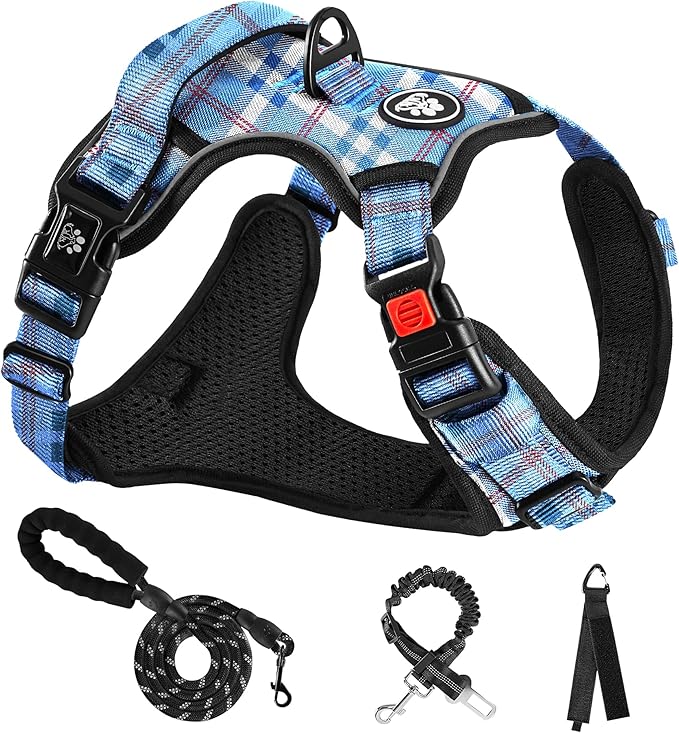 NESTROAD No Pull Dog Harness with Leash, Reflective No Choke Pet Vest Harness,Adjustable Soft Padded Dog Harness with Easy Control Handle for Large Dogs(Checkered Blue,Large)-Mewly Pet