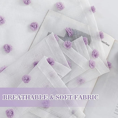 MYSKY HOME 45 Inches Long Kitchen Curtains Small Window Curtains for Bathroom Cafe Bedroom Purple Pom Pom White Semi Sheer Curtains for Nursery Girls Room Rod Pocket 2 Pieces Drapes 52 x 45 inch