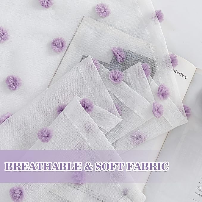 MYSKY HOME 72 Inch Long Purple Pom Pom White Sheer Curtains for Bedroom Nursery Curtains for Baby Room Door Curtains for Doorway 2 Panels Light Filtering Rod Pocket Semi Window Drapes 52 x 72 inch