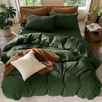 MooMee Bedding Duvet Cover Set 100% Washed Cotton Linen Like Textured Breathable Durable Soft Comfy (Solid Forest Green, Super Queen 90"x98")