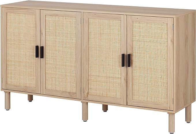 Finnhomy 4 Door Sideboard Buffet Cabinet, Kitchen Storage Cabinet with Rattan Decorated Doors, Cupboard Console Table, Boho Accent Liquor Cabinet for Home Bar, 62.3X 15.7X 34.6 Inches, Natural