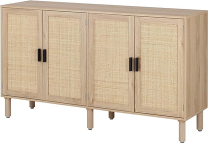 Finnhomy 4 Door Sideboard Buffet Cabinet, Kitchen Storage Cabinet with Rattan Decorated Doors, Cupboard Console Table, Boho Accent Liquor Cabinet for Home Bar, 62.3X 15.7X 34.6 Inches, Natural