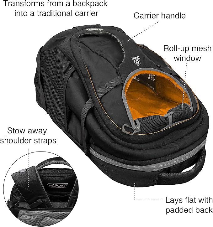 Kurgo G-Train - Dog Carrier Backpack for Small Pets - Cat & Dog Backpack for Hiking, Camping or Travel - Chest Straps & Hip Belt - Reflective - Two Water Bottle Sleeves - Waterproof Bottom (Black)-Mewly Pet