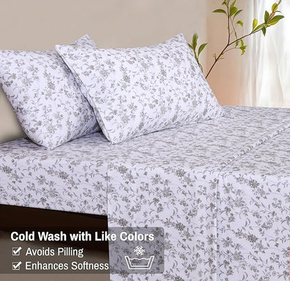 RUVANTI Flannel Sheets Full Size - 100% Cotton Double Brushed Bed Sheets Set, Deep Pockets 16 Inches, All Seasons Breathable & Extra Soft Full Sheets, Warm & Cozy, 4 Piece, Vintage Flora