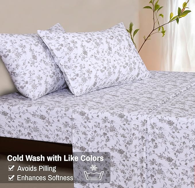 RUVANTI Flannel Sheets Twin Size - 100% Cotton Double Brushed Twin Sheets Set, Deep Pockets 16 Inches, All Seasons Breathable & Extra Soft Bed Sheets, Warm & Cozy, 3 Piece, Vintage Flora