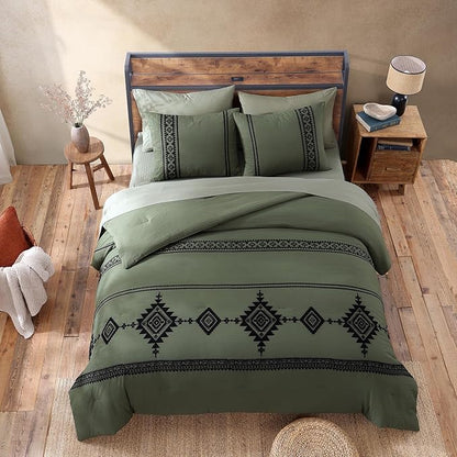 MaiRêve Olive Green Embroidery Comforters Set Queen Size - 7 Pieces, Farmhouse Western Bedding All Season Bed in A Bag Queen, Boho Comforter Set with Sheets, Pillowcases & Shams