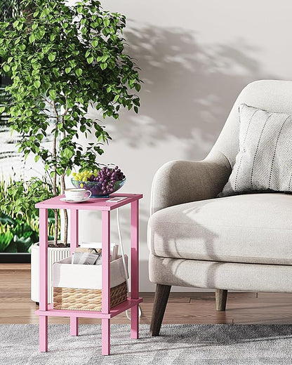 TUTOTAK End Table with Charging Station, Small Side Table with Outlets, Nightstand Bedside Table, 2-Tier Storage Shelf for Small Space, Living Room, Bedroom, Pink TB01BP040