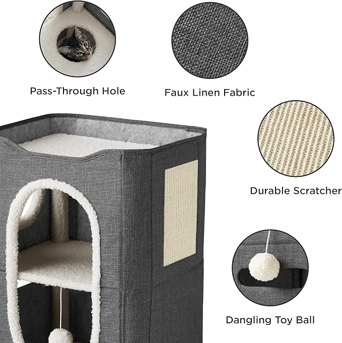 Bedsure 2 Story Cat House - Cat Condos for Indoor Cats with Scratch Pad and Fluffy Ball Hanging, Small Pet Cave Furniture Hideaway for Multi Pets, 18x14x23 inches, Dark Grey-Mewly Pet