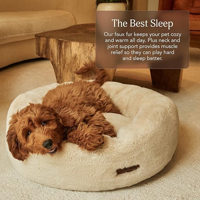 UnHide Floof Pet Bed - Large (35" x 12") - Extra Soft Dog Bed - Removable Faux Fur Cover - Machine Washable - Helps Ease Pet Anxiety & Provides The Perfect Sleep - Beige Bear-Mewly Pet