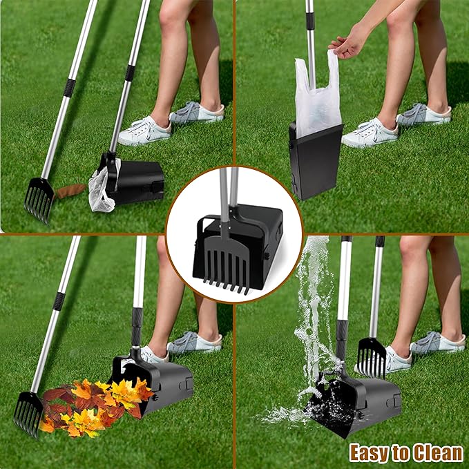 Pooper Scooper Metal 38" Long Adjustable Handle Swivel Bin & Rake for Large & Small Dogs Non-Breakable Dog Poop Scooper Easy to Clean Pet Waste Use on Grass, with 20 Waste Bags-Mewly Pet