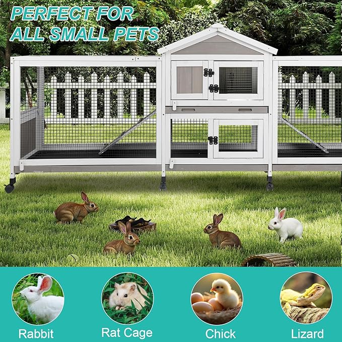 2-Tier Rabbit Hutch with Wheels, Indoor & Outdoor Small Animal Cage with Deep Pull-Out Tray, Anti-Chew Frame, Habitat for Bunny, Guinea Pig, Chinchilla (93" L x 19" W x 35" H)-Mewly Pet