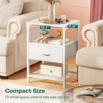 Huuger Night Stand with Fabric Drawer, Side Table with Mesh Shelf, Bedroom Nightstand, Fabric Drawer Dresser, Open Shelf, Metal Frame, Couch Side, White