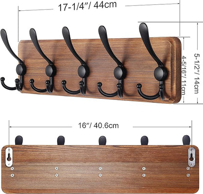 SKOLOO Rustic Wall Mounted Coat Rack: 16" Hole to Hole, Pine Real Wood Plank Wall Coat Rack with 5 Triple Hooks, Farmhouse Coat Hanger Wall Mount for Hanging Backpack Jacket Coat Hat,Pack of 2