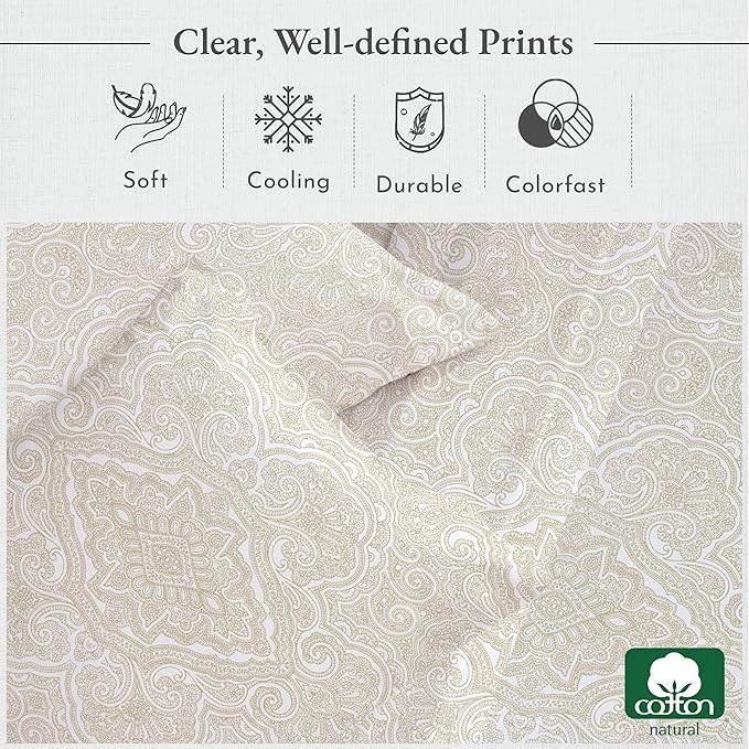 California Design Den California King Sheet Sets - 400 Thread Count Sateen, Natural 100% Cotton Sheets Set, Deep Pocket Cooling and Durable Bedding - Paisley Pattern, Beige
