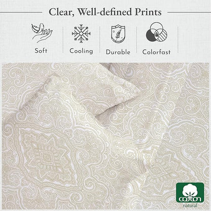 California Design Den Printed Twin XL Sheet Sets - 400 Thread Count Sateen, Natural 100% Cotton Sheets, Deep Pockets, Cooling and Durable Bedding Set - Paisley Pattern, Beige