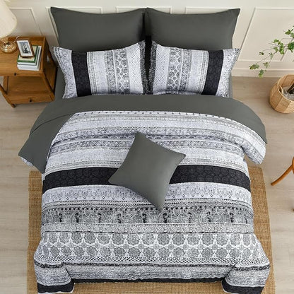 Boho King Size Comforter Set 8 Pieces,Gray Bohemian Striped Bed in a Bag,Floral Soft Microfiber Bedding Comforter Set