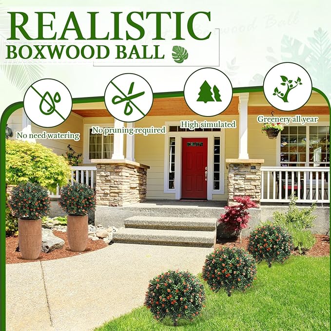 Yunlly Set of 2 Artificial Boxwood Topiary Ball Tree Fake Bushes Shrubs Outdoor Faux Plant with Ground Spike Flowers UV Resistance Greenery for Front Porch Garden Patio Indoor(Orange,27x18inch)