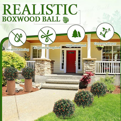 Yunlly Set of 2 Artificial Boxwood Topiary Ball Tree Fake Bushes Shrubs Outdoor Faux Plant with Ground Spike Flowers UV Resistance Greenery for Front Porch Garden Patio Indoor(Orange,27x18inch)