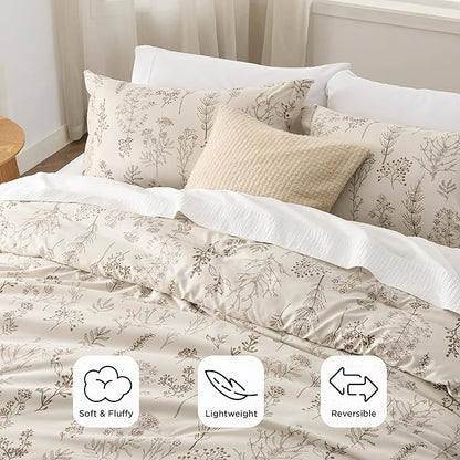 Bedsure King Comforter Set - Beige Bed Set, 3 Pieces Cute Floral Bedding, 1 Soft Botanical Flowers Comforter and 2 Pillow Shams