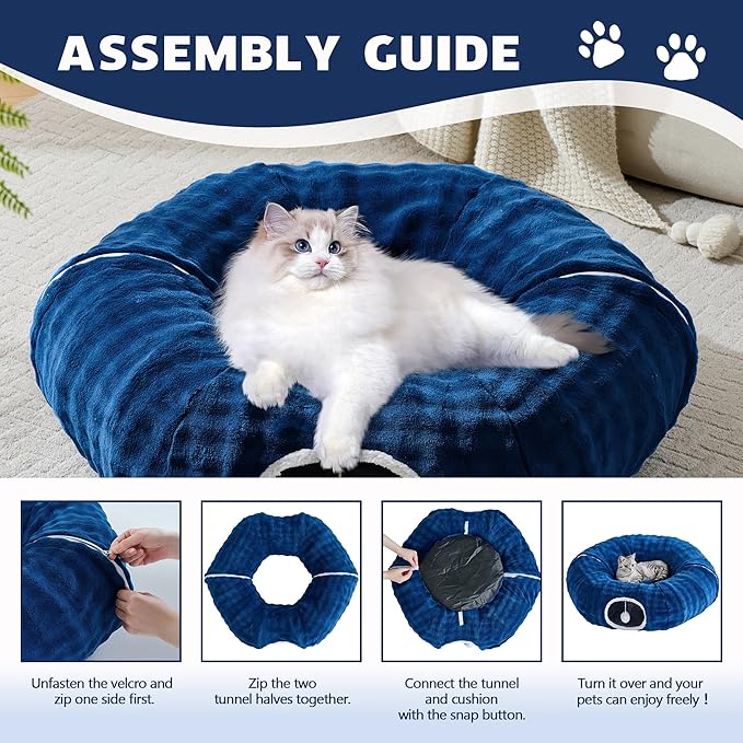 Bubble Cat Tunnel for Indoor Cats, Round Peekaboo Cave Toy with Dangling Balls, Donut Tunnel Bed with Circle Mat for Puppy Kitten Rabbit, Navy Blue-Mewly Pet