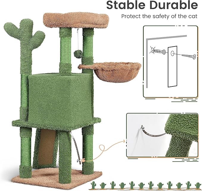 Yaheetech Cactus Cat Tree, 42in Cat Tower for Indoor Cats, Multi Level Kitten Condo Scratching Post, Cat Activity Center Pet Furniture w/Ball, Plush Perch, Platform, Basket-Mewly Pet