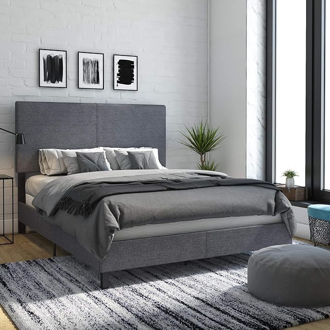 DHP Janford Upholstered Bed, Chic Grey Linen Platform Queen Bed with Modern Headboard, Sturdy Wood and Metal Frame