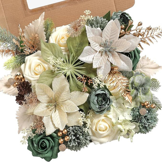 Christmas Artificial Flowers Greenery Combo Box Set Silk Flowers Fake Rose for DIY Christmas Red Theme Decoration Tree Ornaments, Xmas Wreath Floral Arrangements Party