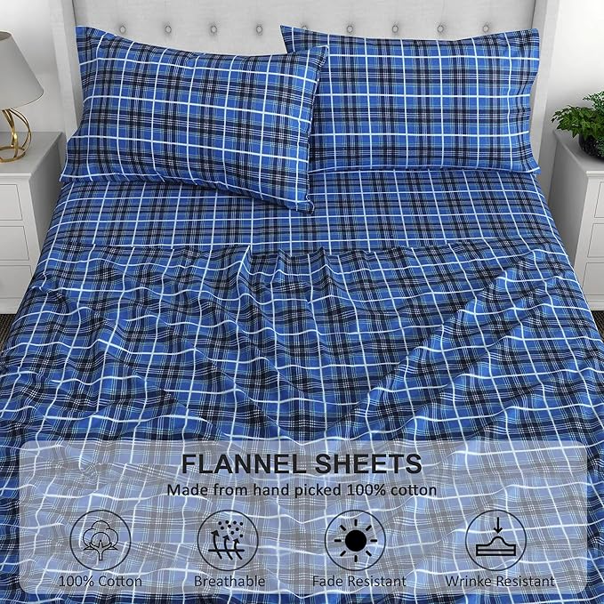 RUVANTI Flannel Sheets Split King Size - 100% Cotton Brushed Split King Bed Sheets Set, Deep Pockets 16 Inches, All Seasons Breathable & Extra Soft, Warm & Cozy, 5 Piece, Blue Plaid