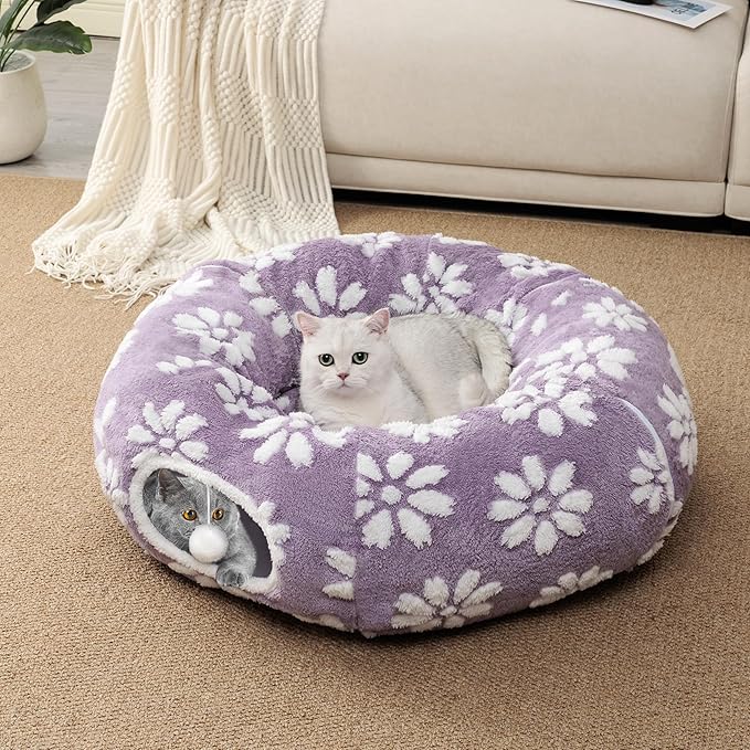 Cat Tunnel for Indoor Cats, Cute Peekaboo Cat Cave with Dangling Balls, Pet Donut Tunnel Bed with Circle Mat for Puppy Kitten Rabbit, Purple-Mewly Pet
