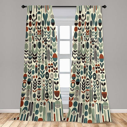 Ambesonne Leafy Art Curtains, Scandinavian Leaves Pattern with Geometric Roundy Modern Boho Print, Window Treatments 2 Panel Set for Living Room Bedroom, Pair of - 28" x 63", Pale Green Redwood Teal