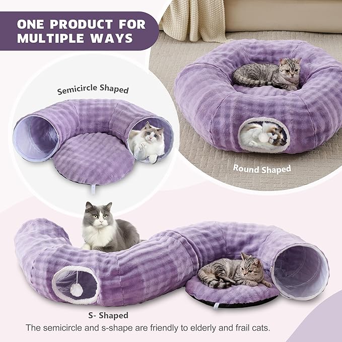 Bubble Cat Tunnel for Indoor Cats, Round Peekaboo Cave Toy with Dangling Balls, Donut Tunnel Bed with Circle Mat for Puppy Kitten Rabbit, Dusty Purple-Mewly Pet