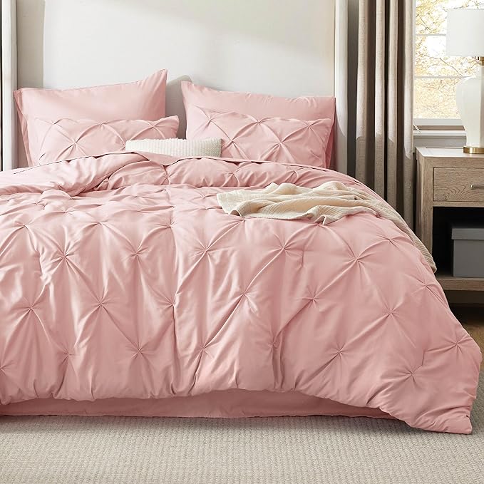 Bedsure King Size Comforter Set Pink - Bed in a Bag Bedding Set 7 Pieces, GentleSoft™ Pintuck Bed Set Gift for Family, Pinch Pleat Pink Comforter with Sheets, Pillowcases & Shams