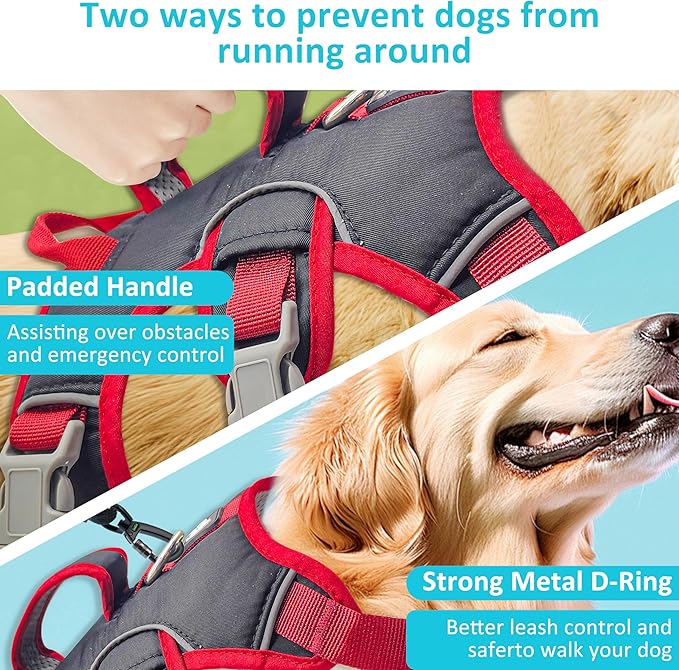 Escape Proof Dog Harness, No Pull Reflective Adjustable Vest with Easy Control Lift Handle, No Choke Soft Padded Breathable Full Body Pet Harness for Walking Hiking and Training (Red, Small)-Mewly Pet
