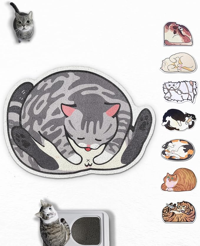 Lukamoo® Cute Cat Litter Mat (30’’x20’’), Large/L, for Kitty Litter & Cute Cat Litter Box, Litter Trapping Mat (Grey Tabby)-Mewly Pet