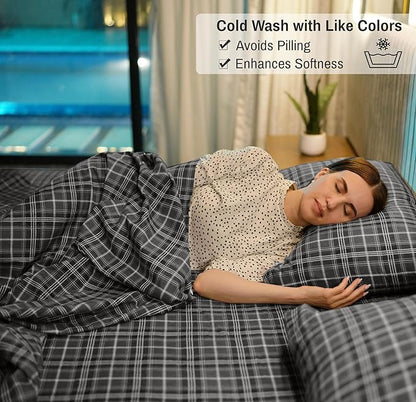 RUVANTI Flannel Sheets Split King Size - 100% Cotton Brushed Split King Bed Sheets Set, Deep Pockets 16 Inches, All Seasons Breathable & Extra Soft, Warm & Cozy, 5 Piece, Grey Plaid