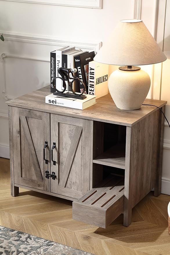 31.9'' Small Cat Litter Enclosure,Adjustable Shelf for Dog Proof and Storage,Locks Added for cat,Cat Litter Collector,Small Indoor Cat House,Grey-Mewly Pet