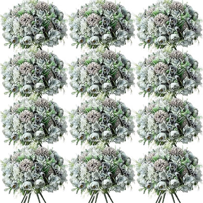 Tigeen 12 Bundles Peonies Artificial Flowers Faux Roses Silk Flowers Hydrangea Artificial Bouquet for Wedding Table Centerpiece Floral Vase Home Office Bridal Decor (Pastel Blue)