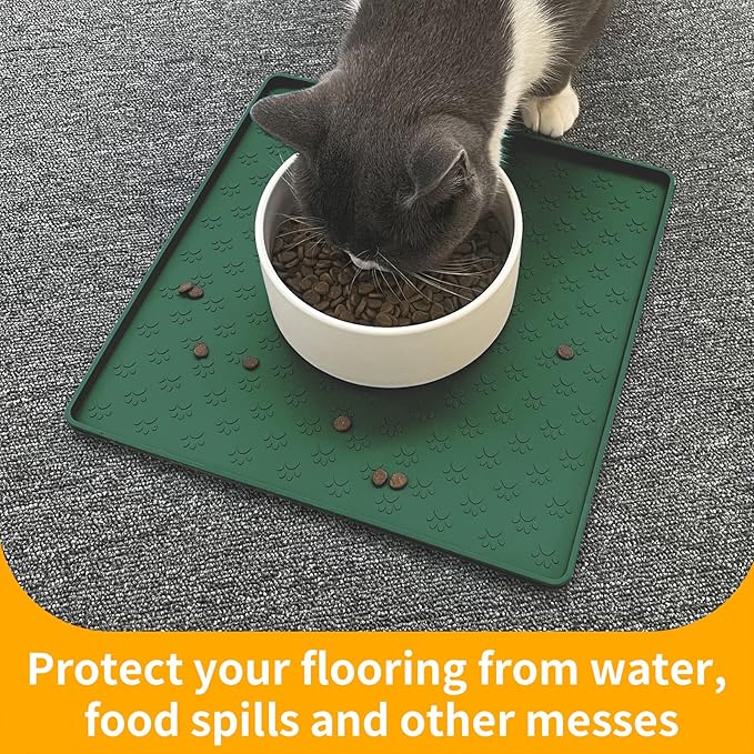 Ptlom Pet Placemat for Dog and Cat, Waterproof Silicone Pet Feeding Bowl Mats for Food and Water, Small Medium Large Dogs Mat Prevent Residues from Spilling to Floor, Hunter, 11.8"x11.8"-Mewly Pet
