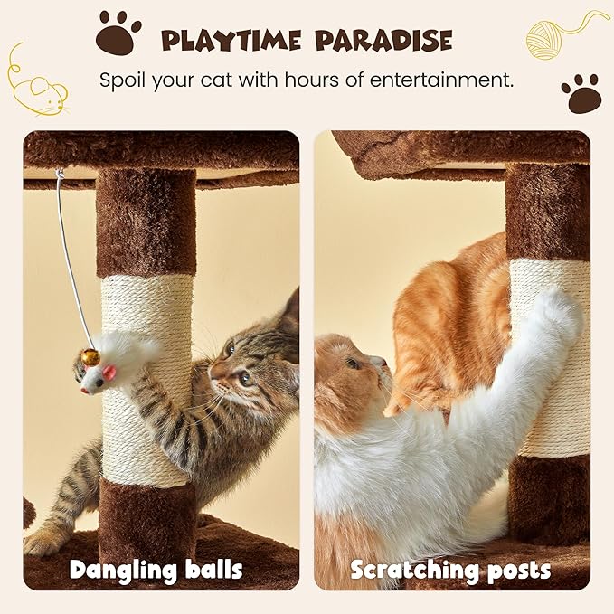 MWPO 63.8 inches Multi-Level Cat Tree for Large Cats with Sisal-Covered Scratching Posts, Padded Platform, Hammock and Condo,Stable Cat Tower Cat Condo Pet Play House (Brown)-Mewly Pet