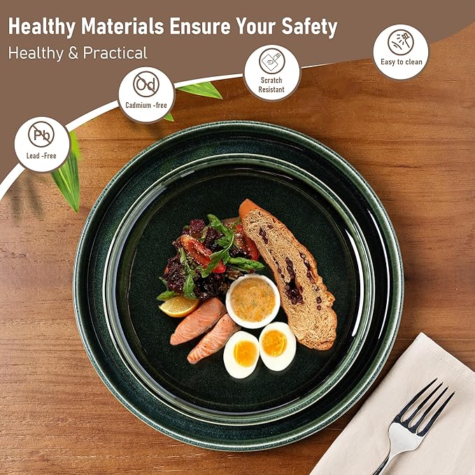 GBHOME Ceramic Dinnerware Sets for 6, 18 Pieces Stoneware Plates and Bowls Sets, Reactive Glaze Dishes -Scratch Resistant, Dishwasher&Microwave Safe, Earth Green-Mewly Pet
