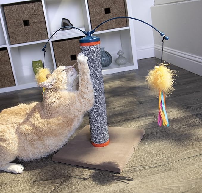SmartyKat Scratch 'N Spin Carpet Cat Scratching Post with 2 Spinning Wand Toys, Plus 2 Replacement Wands - Gray & Blue-Mewly Pet