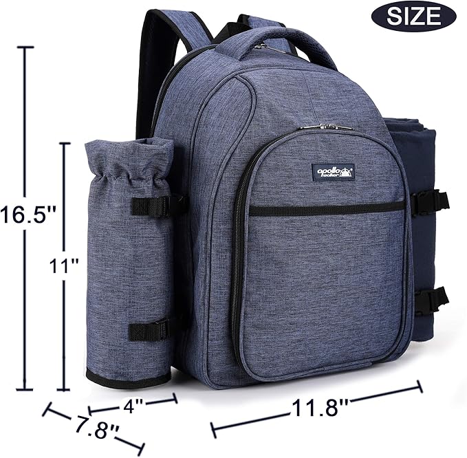 Apollo Walker Picnic Backpack Bag for 2 Person with Cooler Compartment, Detachable Bottle/Wine Holder, Fleece Blanket, Plates and Cutlery Set (2 Person, Navy)-Mewly Pet
