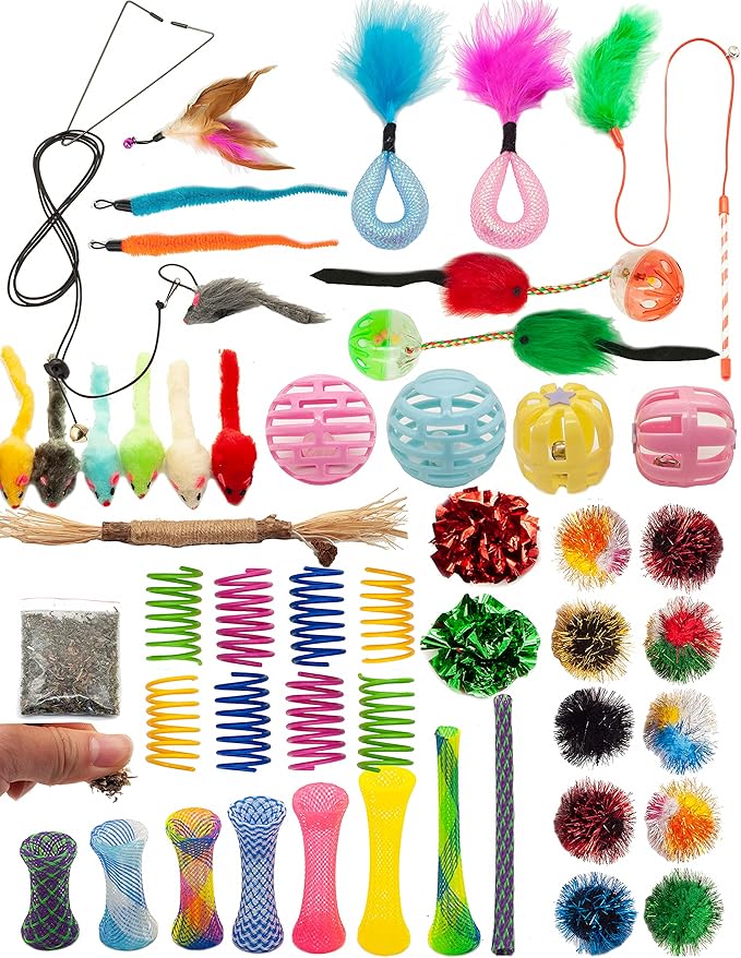 Fashion's Talk Cat Toys 50 Pcs for Indoor Cats,Interactive Door Hanging Mice Feather Toy Cat Spring Toy Cat Wand Catnip Crinkle Balls Silvervine Sticks Balls Kitten Toys Bulk-Mewly Pet