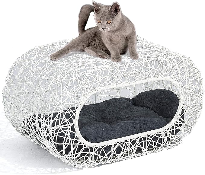 D+GARDEN Fun Stackable White Cat Condo for Indoor Cats - Interactive Play Rattan Modern Cat House for Indoor Cats Kitty, Pet Friendly Top/Side House Entry, Cat Bed Enclosed-Mewly Pet