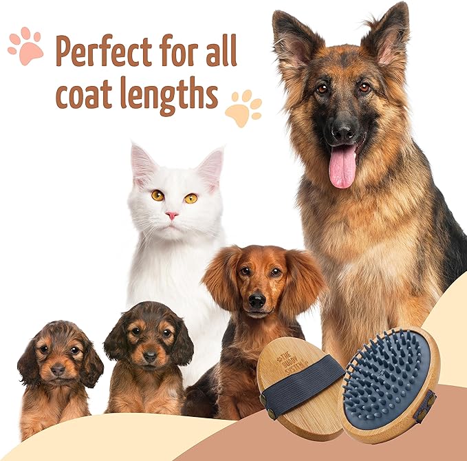 The Buddy System Rubber Pet Close Brush, Soft Touch Oval Palm Brush - Bamboo Massage Handheld with Rubber Bristles and Elastic Band for Dogs and Cats - Gray-Mewly Pet